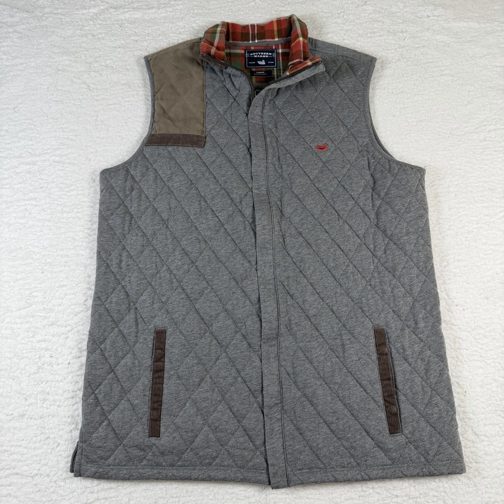 Southern Marsh Mens L Quilted Shooting Vest Gray Plaid Hunting Duck Full Zip